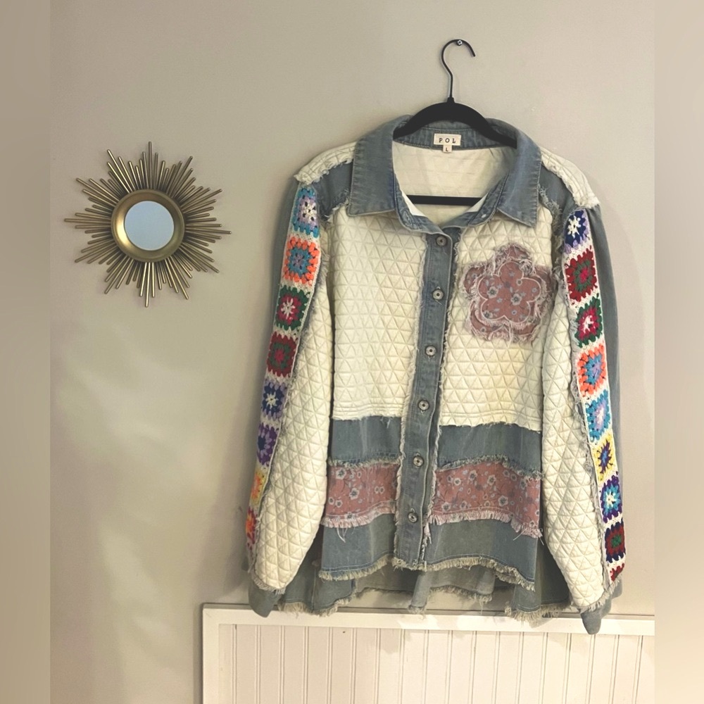 NWT POL Women's Colorful Patchwork Jean Jacket with Granny Square Sleeves